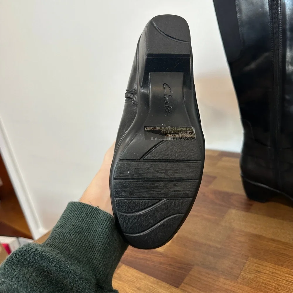Clarks Wyld Polka 7 NEW Box Black Leather Knee High Wedge Heel Round Toe
